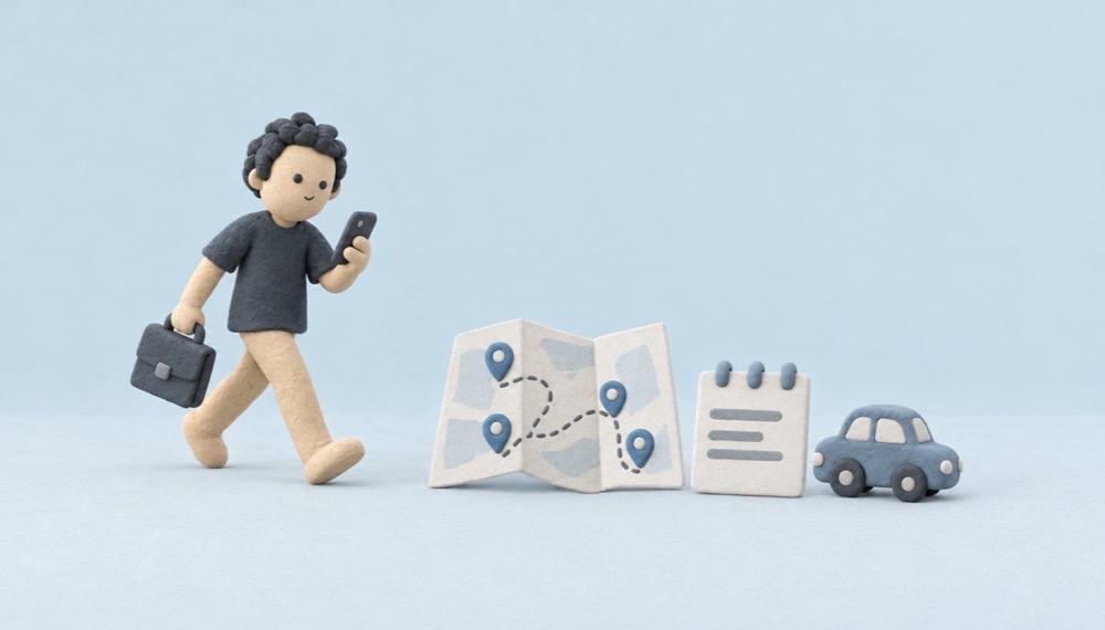 The DOFOTT figure with a briefcase, a map with several pins and a calendar beside it