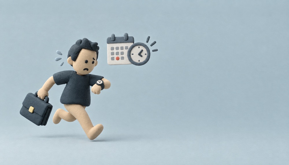 The DOFOTT figure running late with a briefcase, a calendar and a clock above it