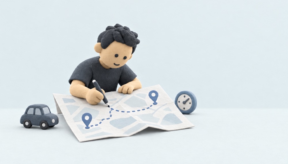The DOFOTT figure drawing a route on a map, a toy car and a clock beside it