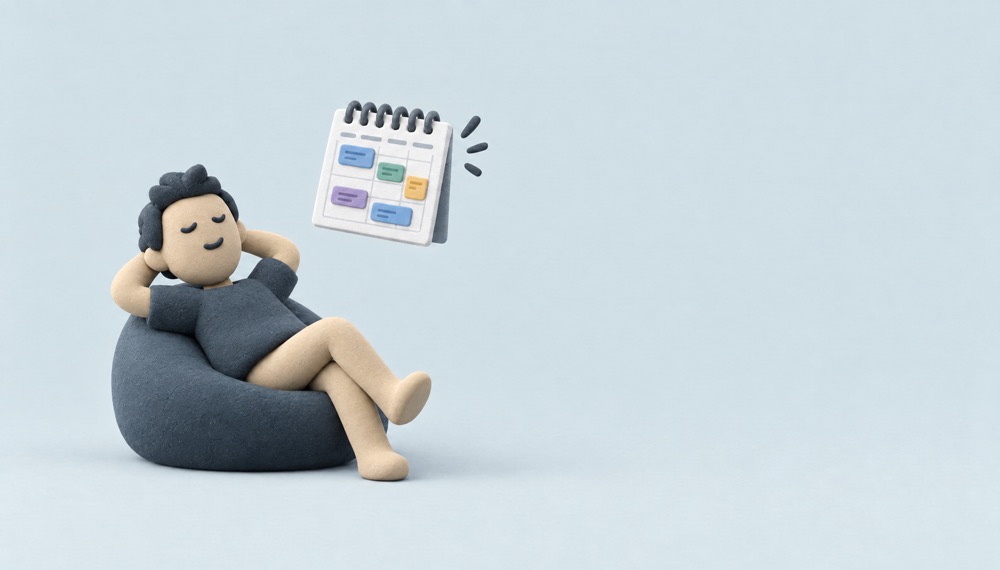 The DOFOTT figure sitting back in a chair beside a calendar that filled itself in