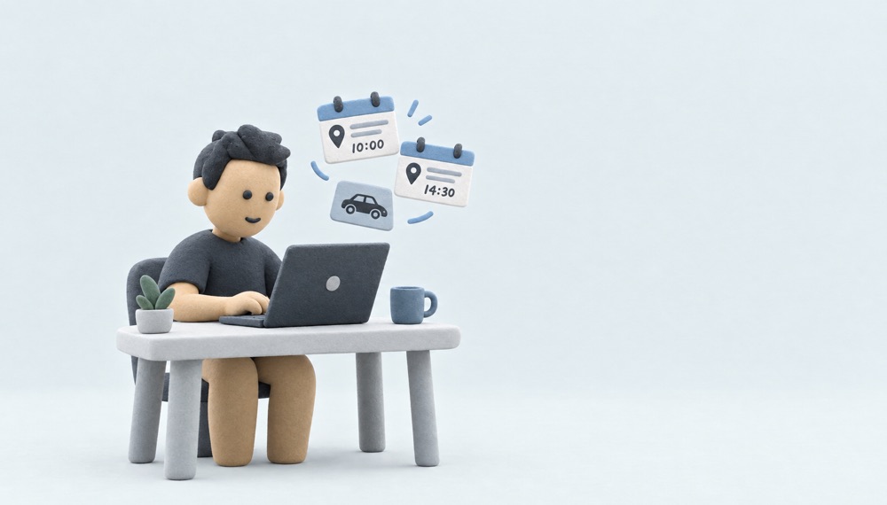 The DOFOTT figure at a desk while calendar cards with a car and a place fill themselves in